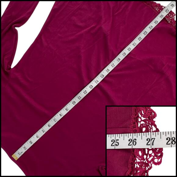 Crochet Accent Tunic Top Scoop Neck Asymmetrical Hem Long Sleeve Large Burgundy - Picture 10 of 11